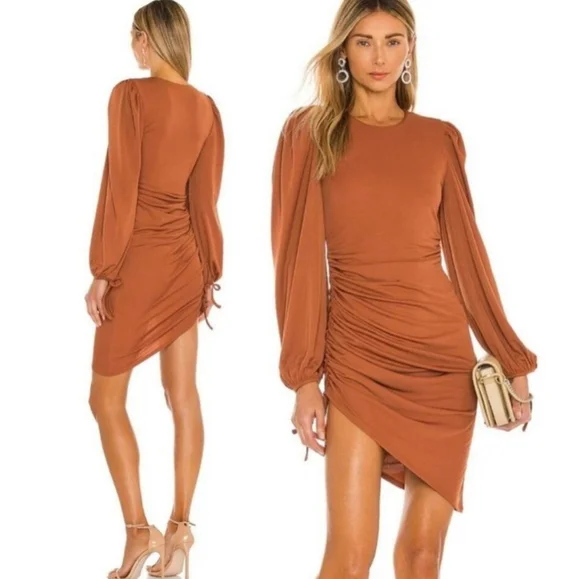 LOVERS and FRIENDS Suki Cinnamon Rust Ruched Puff Sleeve Asymmetrical Dress L - Picture 1 of 9